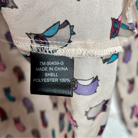 Karlie Owl Print Sheer Blouse Women’s S Pink Long Sleeve V-Neck Flutter Shoulder - Picture 8 of 8